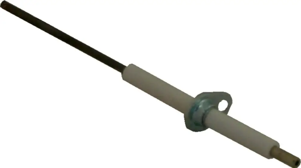 Weiße Überwachungselektrode mit langer Metallstange, montiert mit einer Halterung, geeignet für den Einsatz in Heizsystemen der Marke Wolf.